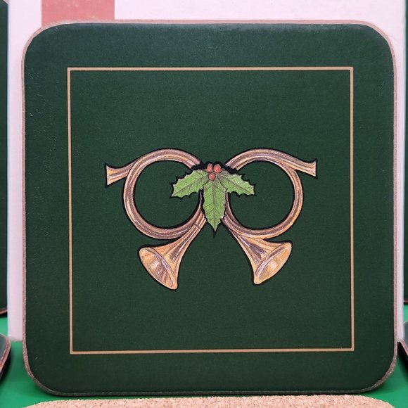English Life Set Of Six 6 Coasters Christmas Horn Green Boxed Made In England - Picture 2 of 6